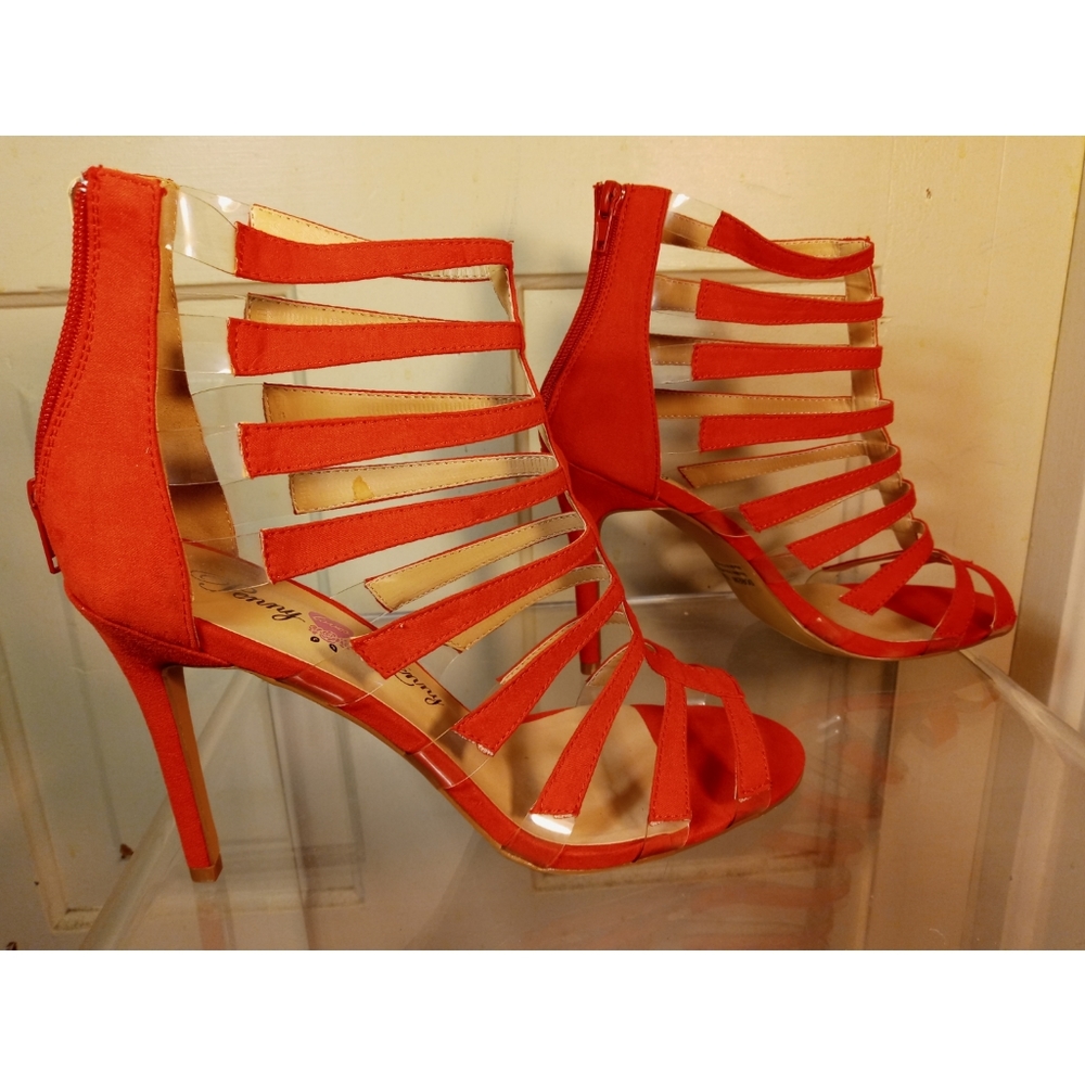 Strappy caged fire red gladiator sandals high heeled shoes pumps stilettos 11